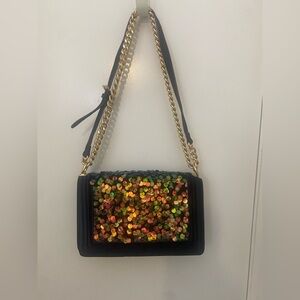 Sondra Roberts Blue Velvet Shoulder Bag with Sequin Front & Gold Chain Strap